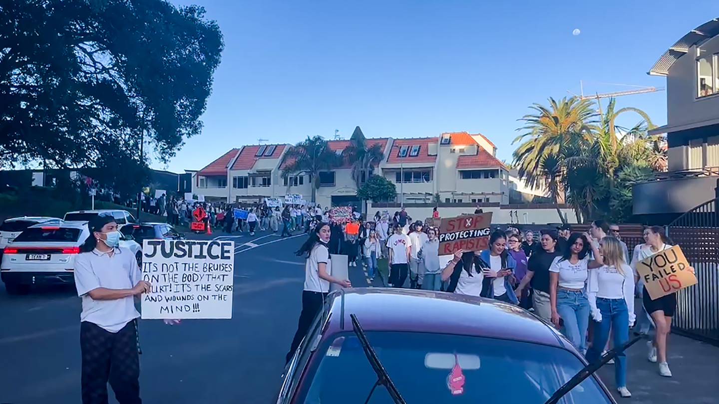 Protest march in Mt Maunganui against the home detention sentence given to Jayden Meyer for the rape of a number of teenage girls in the Bay of Plenty. Photo / Ethan Griffiths