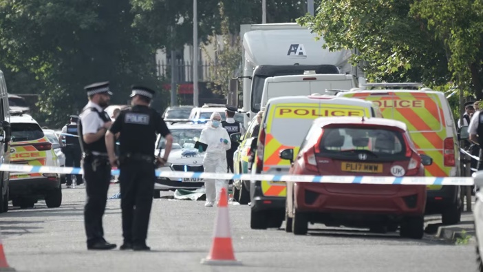 Police and forensic officers attend the scene of an attack in Southport, England. Two young children were killed and multiple others left with critical injuries after a teen launched an attack at a Taylor Swift-themed event. Photo / Getty Images