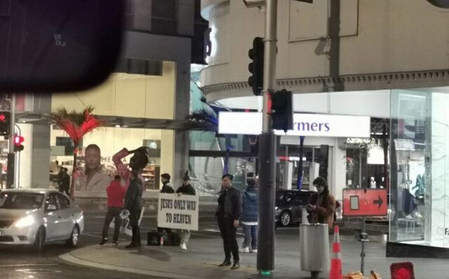 Rowdy street preachers on the corner of Queen and Victoria streets in Auckland's CBD have triggered 326 noise complaints in the last year. (Photo / Supplied)