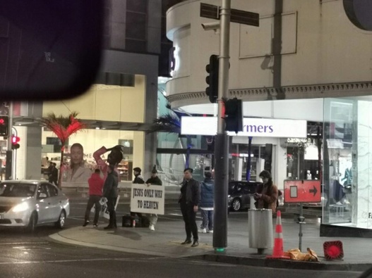 Rowdy street preachers on the corner of Queen and Victoria streets in Auckland's CBD have triggered 326 noise complaints in the last year. (Photo / Supplied)