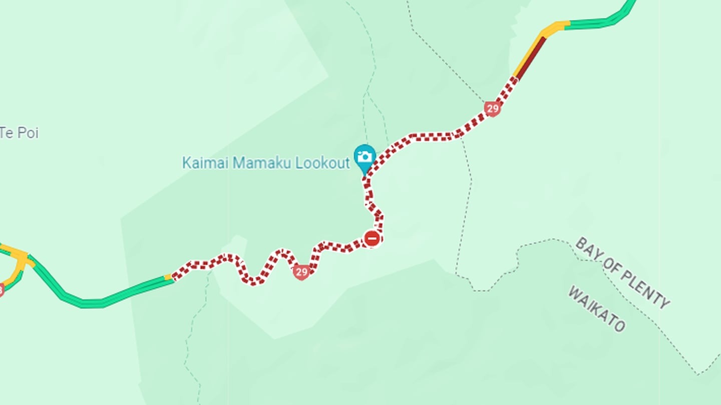 SH29 over the Kaimai Range is closed following a serious crash involving a truck and a car. Image / Google Maps