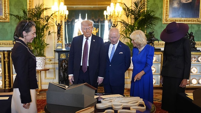 US President Donald Trump, King Charles III, Queen Camilla and The Hat, aka First Lady Melania Trump, at Windsor Castle. Photo / Getty Images