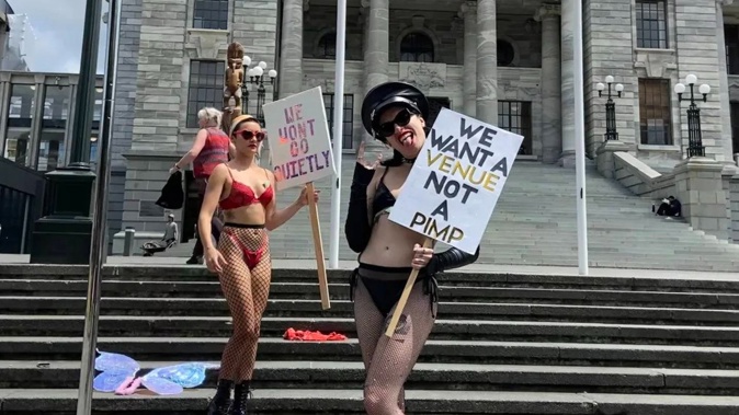 Margot Embargot and Vixen Temple outside Parliament. Photo / RNZ, Ellie Franco