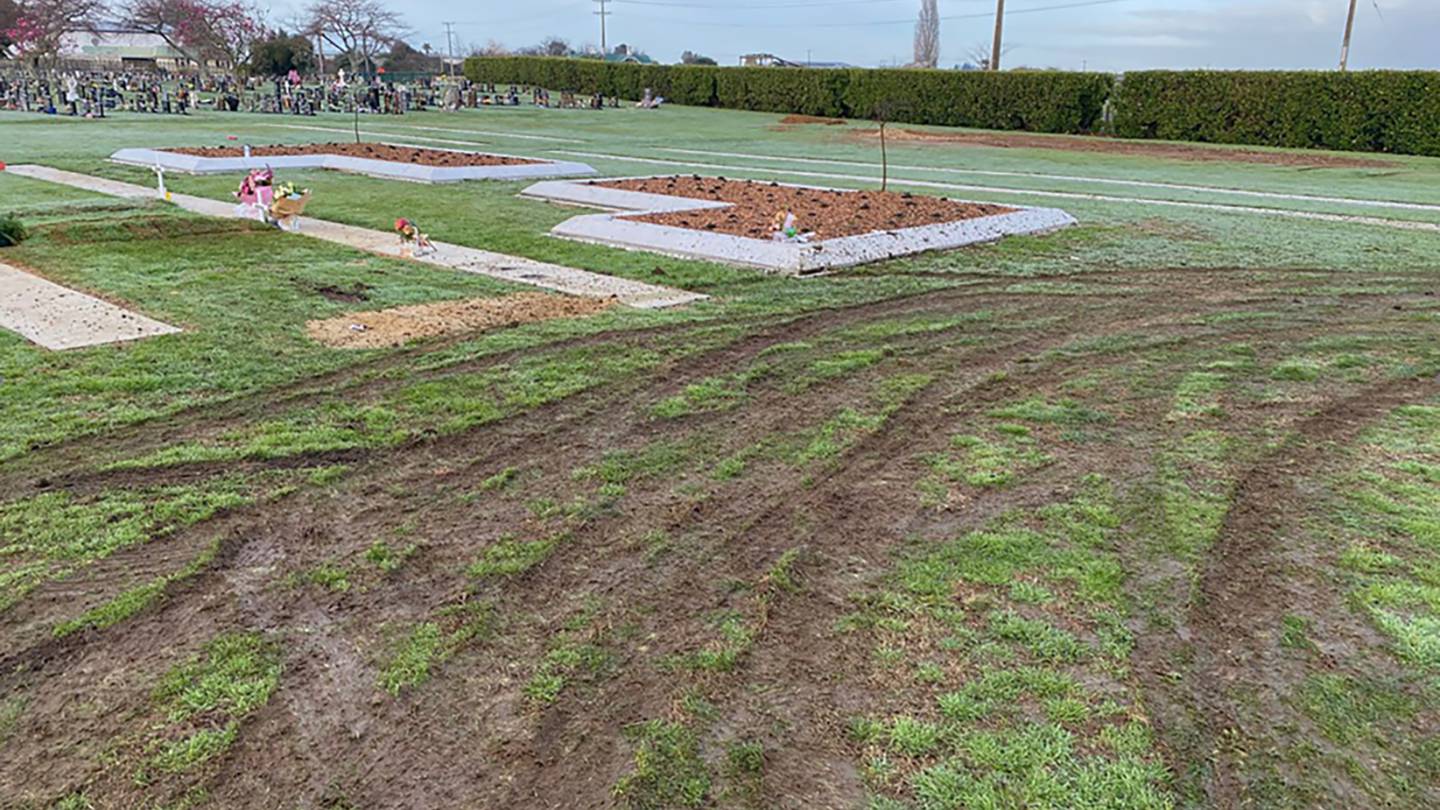 Muddy ruts after vandals did burnouts at Hautapu Cemetery in Waikato. (Photo / Waipa District Council)