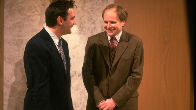 Comedian Tony Slattery (left) with presenter Clive Anderson on the set of chat show Clive Anderson Talks Back, circa 1992. Photo / Getty Images