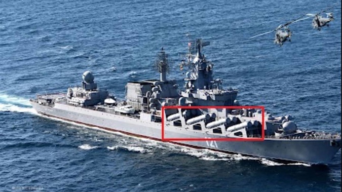 Highlighted are the large supersonic anti-ship missiles that make the ship so vulnerable to explosions. Picture: Russian Ministry of Defence