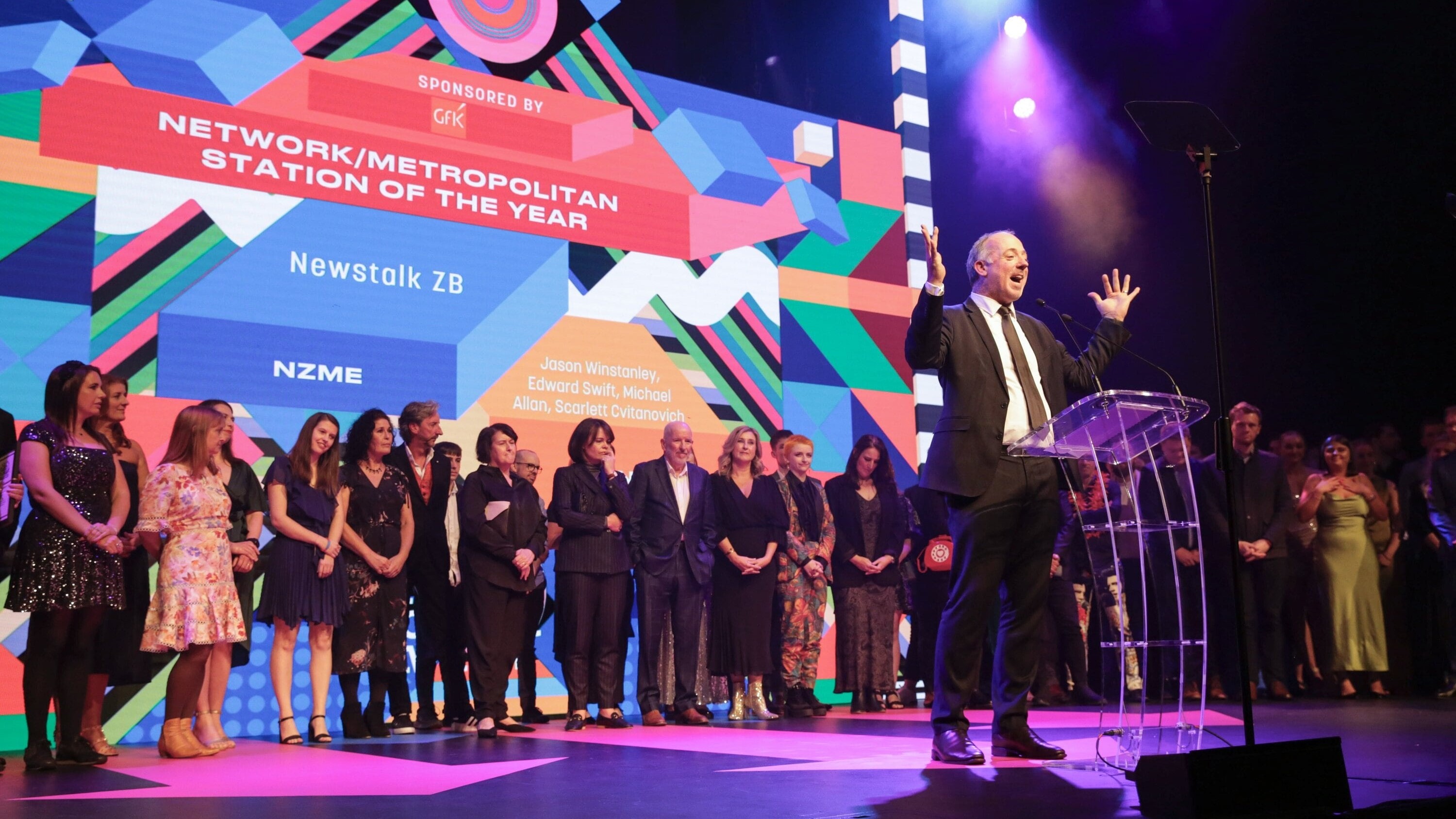 NZME chief audio officer Jason Winstanley accepts the award for station of the year (metropolitan) for Newstalk ZB. Photo / Sylvie Whinray