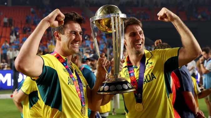 Pat Cummins and Mitch Marsh of Australia pose with the ICC Men's Cricket World Cup Trophy. Photo / Getty Images.