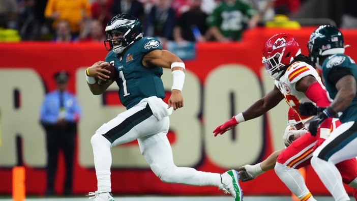 Jalen Hurts of the Philadelphia Eagles carries the ball against the Kansas City Chiefs during Super Bowl LIX. Photo / Getty Images