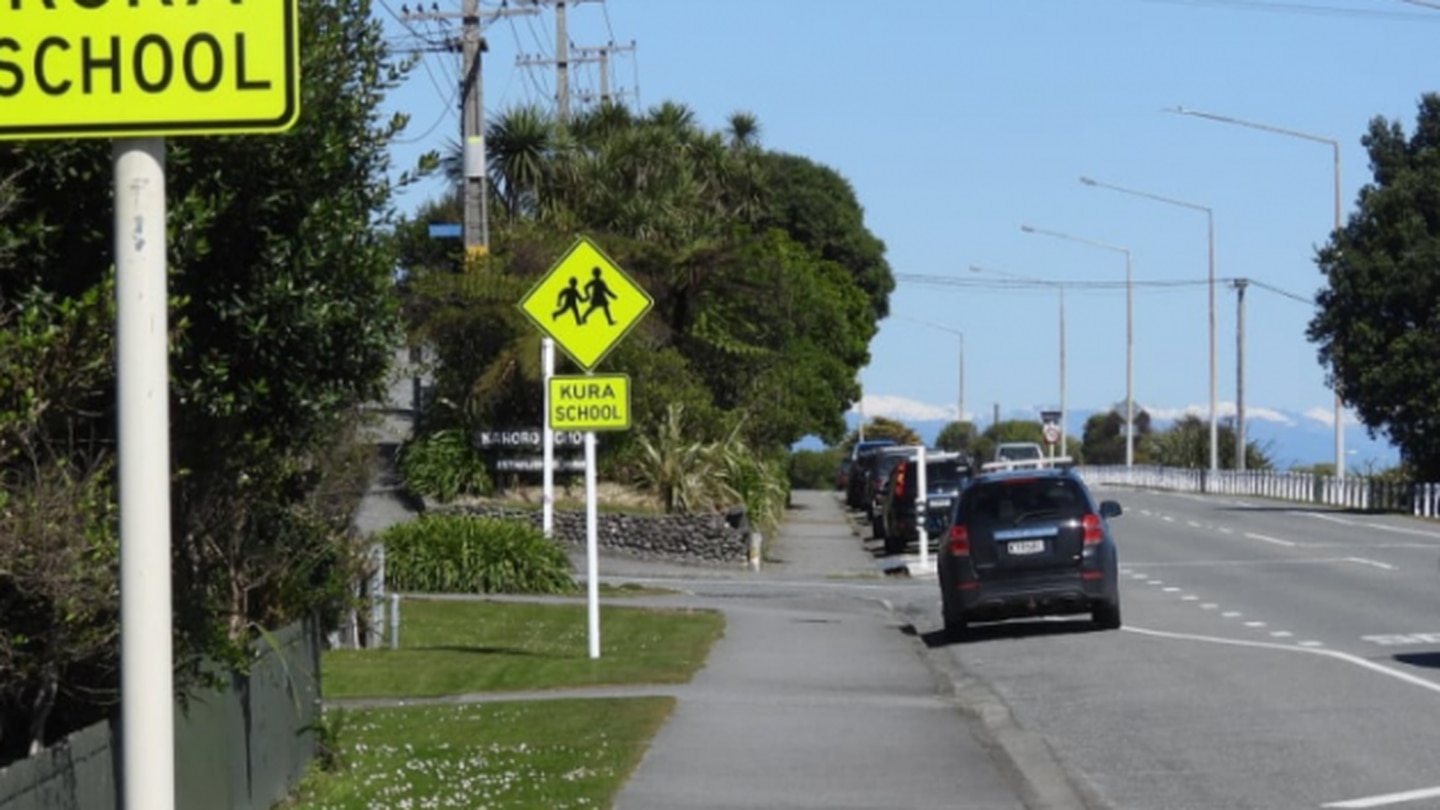 An example of the new kura signs being rolled out, at Karoro School on the southern side of Greymouth. Photo / LDR / Brendon McMahon