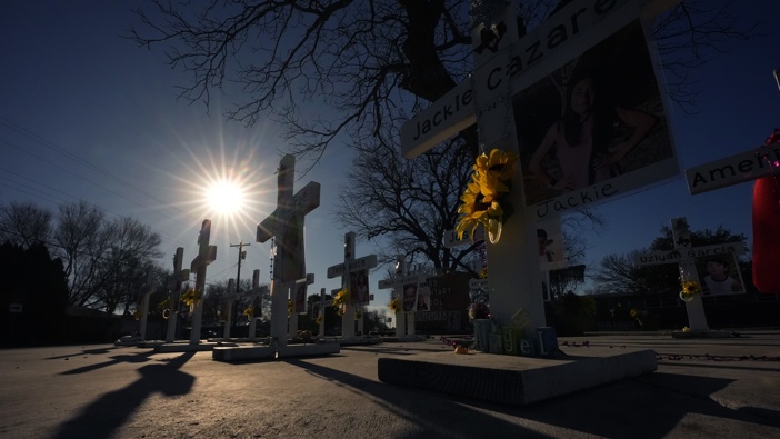 Crosses stand in memorial to victims of the school shooting at Robb Elementary, Thursday, Jan. 18, 2024, in Uvalde, Texas. Photo / AP