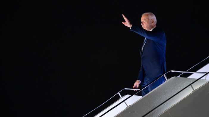 President Joe Biden arrives at Indira Gandhi International Airport to attend the G20 summit, Friday, September 8, in New Delhi. (Photo / AP)