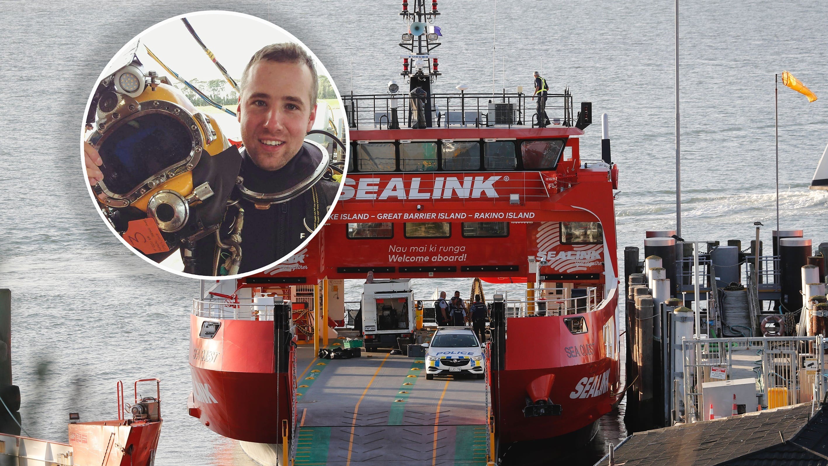 Police on board a Sealink ferry at the Half Moon Bay ferry terminal after diver Michal Kováč (inset) was injured in May 2023. Inset: Photo / Dean Purcell