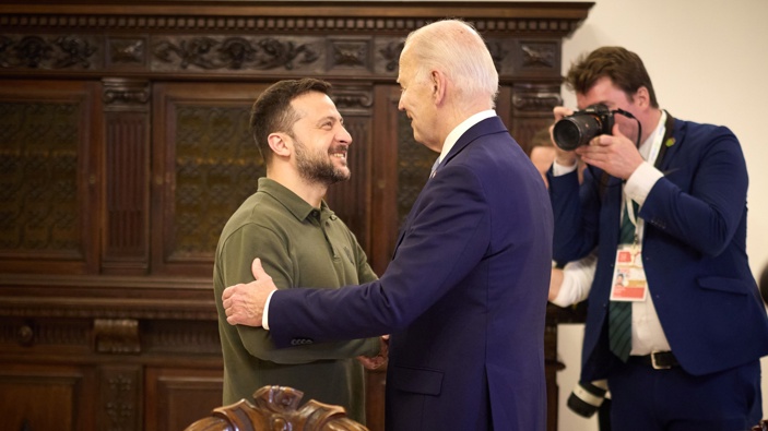 Ukrainian President Volodymyr Zelenskyy and US President Joe Biden hold a meeting on the sidelines of the G7 Summit hosted by Italy in Apulia region, on June 13, 2024 in Savelletri. The two leaders signed a 10-year bilateral agreement of security. (Photo by Ukrainian Presidency / Handout/Anadolu via Getty Images)