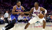 Tyrese Maxey #0 of the Philadelphia 76ers dribbles the ball against Miles McBride #2 of the New York Knicks during the second quarter in Game Three of the Second Round of the NBA Eastern Conference Playoffs at Xfinity Mobile Arena on May 08, 2026 in Philadelphia, Pennsylvania. (Photo by Emilee Chinn/Getty Images)