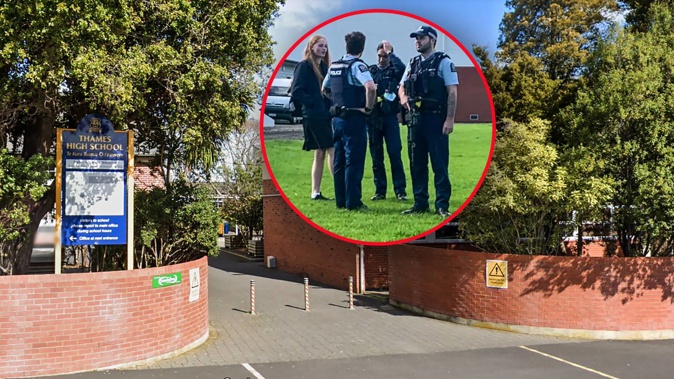 Armed police (inset) at Thames High School. Main photo / Google. Inset / The Valley Profile