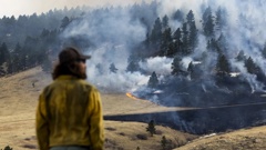 A firefighter watches as a fire burns through grass on March 26, 2022 in Boulder, Colorado. Michael Ciaglo/Getty Images