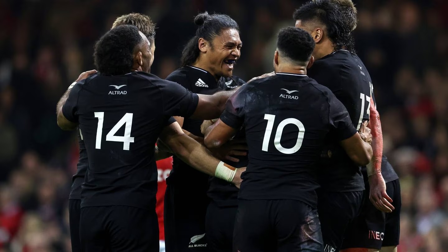 All Blacks players celebrate a try against Wales. Photo / Photosport