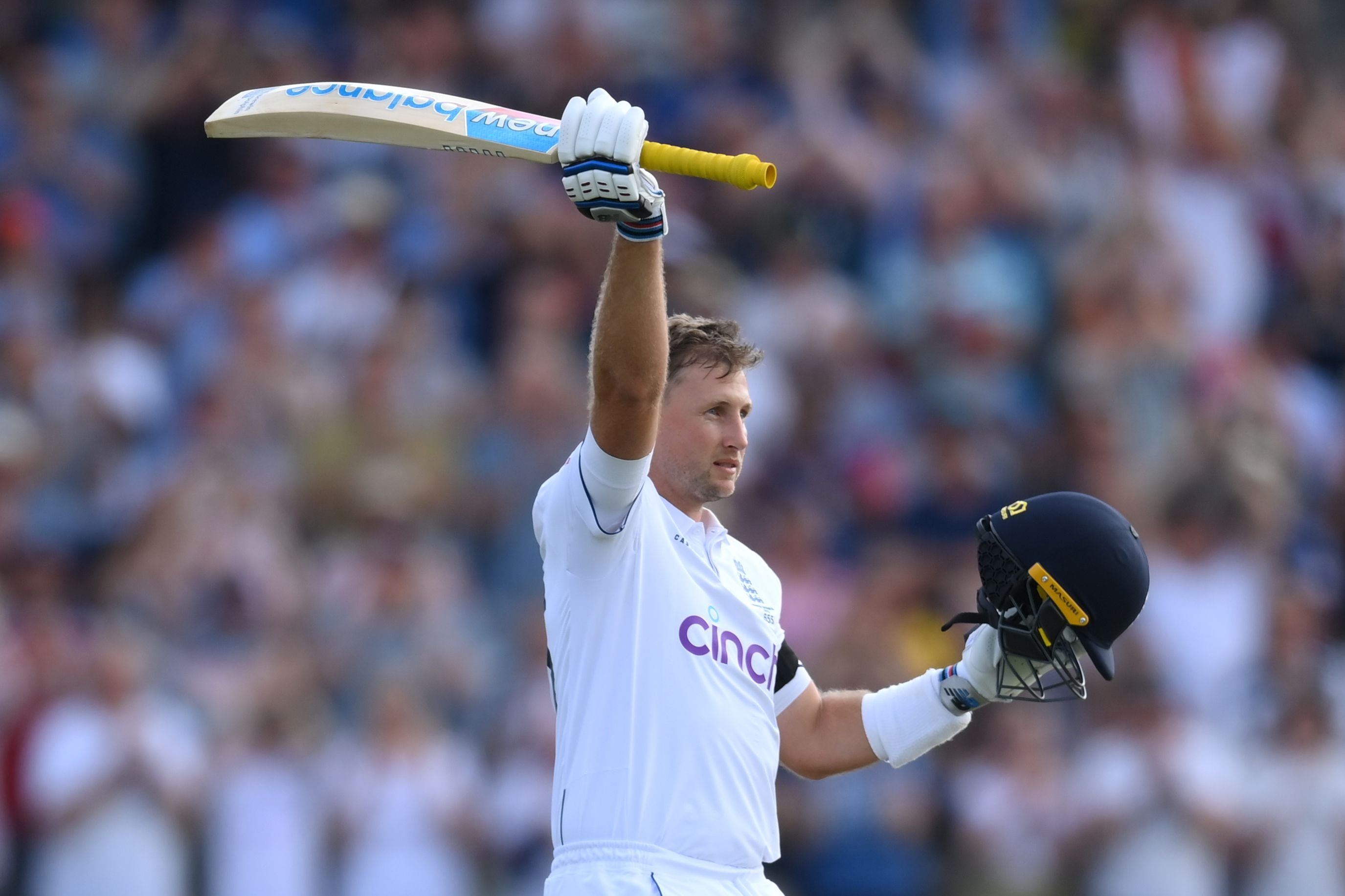 England's Joe Root of England celebrates scoring a century on day one of the first Ashes test at Edgbaston. Photo / Getty Images
