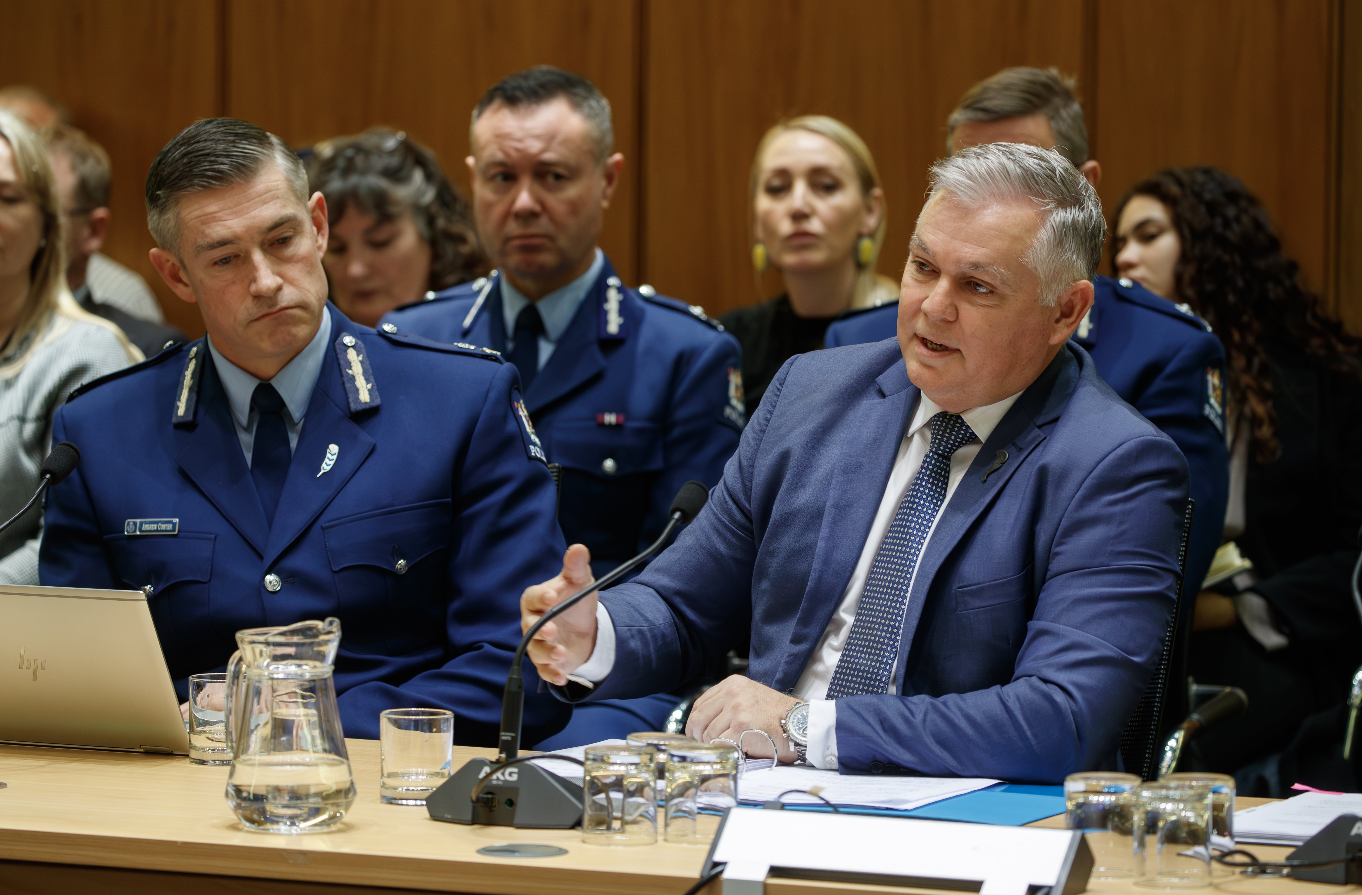 Police Minister Mark Mitchell and Police Commissioner Andrew Coster during their appearance before the Justice committee, Parliament, Wellington,20 June, 2024. New Zealand Herald photograph by Mark Mitchell