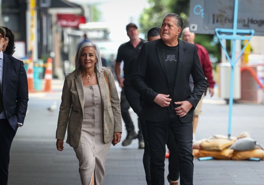Hannah and Brian Tamaki arrive at the Auckland District Court for his trial on Covid-19 breaches on Monday. Photo / Mike Scott