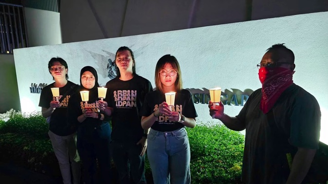 A candle vigil outside the Singapore Embassy in Kuala Lumpur, Malaysia as Singapore executed a man accused of coordinating a cannabis delivery. Photo / Anti-Death Penalty Asia Network via AP