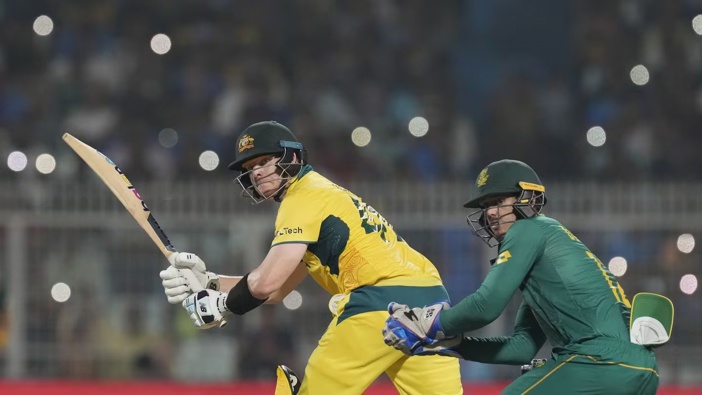 Australia's Steve Smith plays a shot during the ICC Men's Cricket World Cup second semifinal match between Australia and South Africa. Photo / AP