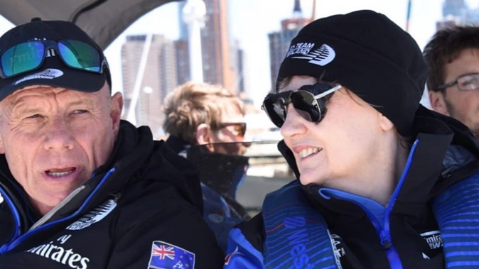 Team New Zealand boss Grant Dalton (left) and patron Helen Clark. Photo / Emirates Team New Zealand