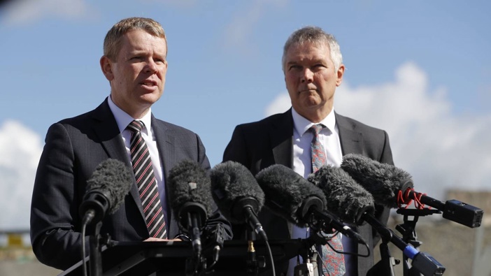 Prime Minister Chris Hipkins and Transport Minister David Parker unveil Labour's transport policy in Drury, Auckland. Photo / Dean Purcell
