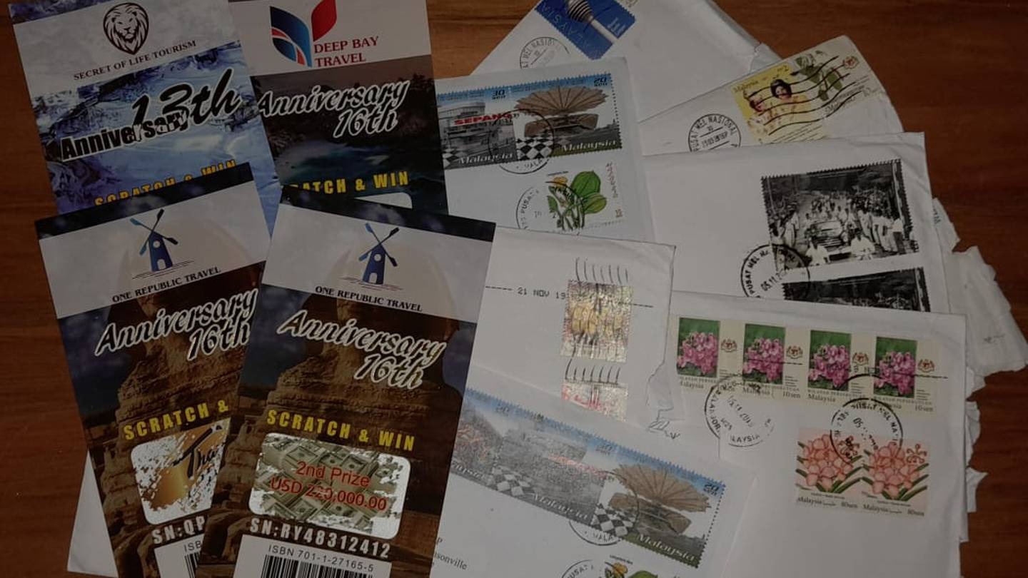 The fake winning tickets arrive in envelopes similar to these ones, which were widely distributed in a 2019 mail scam.