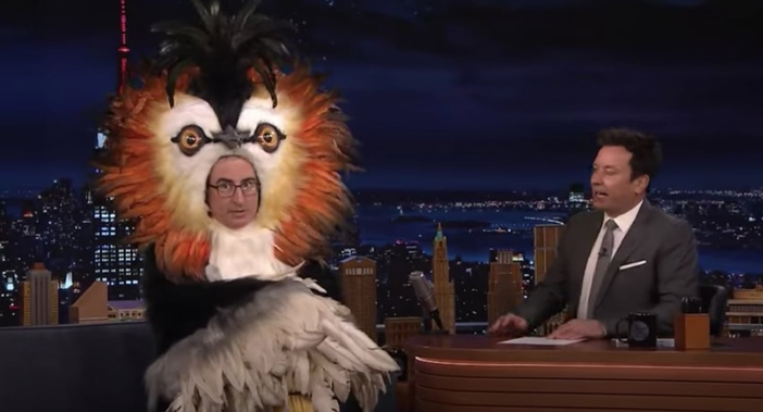 John Oliver appears on The Tonight Show Starring Jimmy Fallon dressed as a pūteketeke for the New Zealand's Bird of the Century contest. Photo / via video