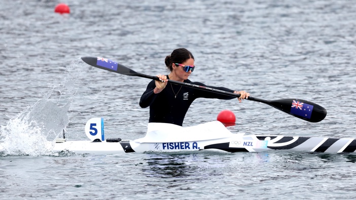 Aimee Fisher of Team New Zealand competes during the Women’s Kayak Single 500m Heats on day twelve of the Olympic Games Paris 2024 at Vaires-Sur-Marne Nautical Stadium on August 07, 2024 in Paris, France. (Photo by Justin Setterfield/Getty Images)