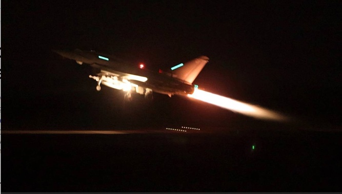 This image provided by the UK Ministry of Defence taken on Thursday shows an RAF Typhoon aircraft taking off from RAF Akrotiri in Cyprus, for a mission to strike targets in Yemen. The US and British militaries bombed more than a dozen sites used by the Iranian-backed Houthis in Yemen late on Thursday, in a massive retaliatory strike using warship- and submarine-launched Tomahawk missiles and fighter jets, US officials said. Photo / UK Ministry of Defence via AP