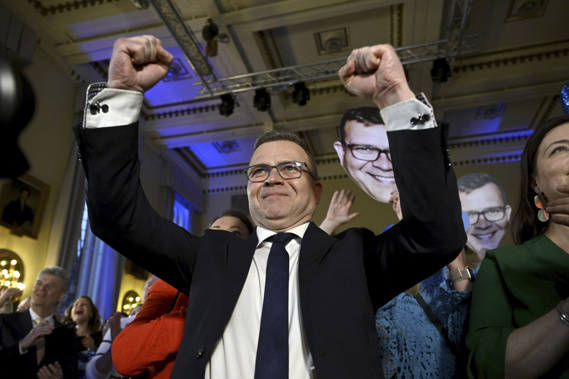 National Coalition Chairman Petteri Orpo celebrates at the party's parliament election wake after seeing the results of the advance votes in Helsinki, Finland, Sunday, April 2, 2023. Photo / AP