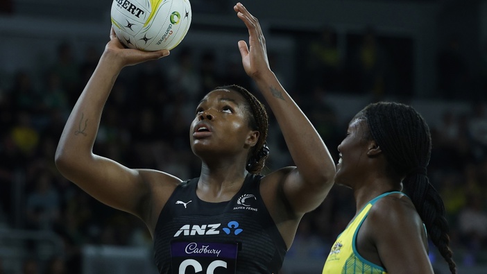 Grace Nweke of New Zealand shoots under pressure from Sunday Aryang of Australia during game four of the Constellation Cup match between Australia Diamonds and New Zealand Silver Ferns at John Cain Arena on October 30, 2024 in Melbourne, Australia. (Photo by Daniel Pockett/Getty Images)