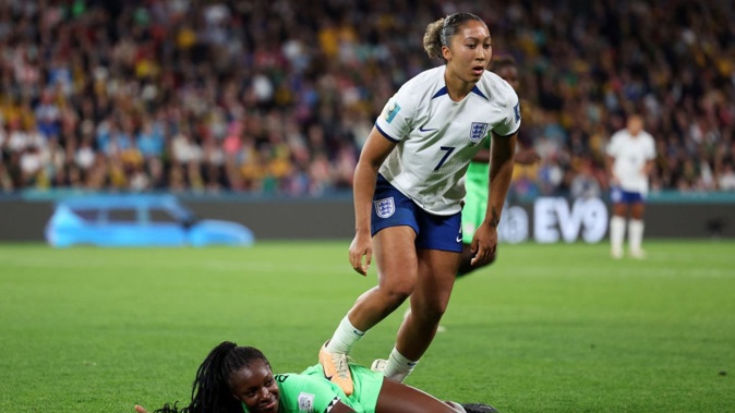 Lauren James stamps on Michelle Alozie of Nigeria which later leads to a red card. Photo / Getty