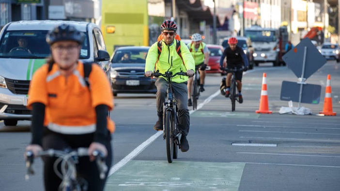 Cyclists using the cycleway along Thorndon Quay, Wellington. Photo / Mark Mitchell