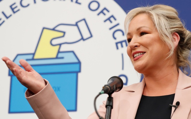 Sinn Fein's Michelle O'Neill speaks after topping the poll at the Medow Bank election count centre on Saturday, May, 7, 2022, in Magherafelt , Northern Ireland. (Photo / AP)