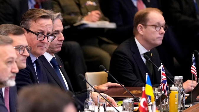 From right, Sweden's Foreign Minister Tobias Billstrom, United States Secretary of State Antony Blinken, British Foreign Secretary David Cameron and Ukraine's Foreign Minister Dmytro Kuleba attend a meeting of Nato. Photo / AP