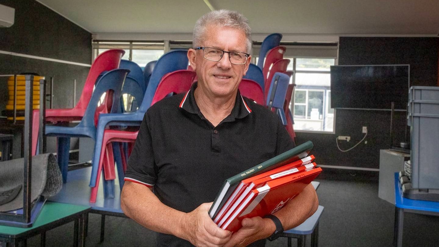 Kaitao Intermediate School Principal Phil Palfrey with free stationery for all students funded by the school. Photo / Andrew Warner