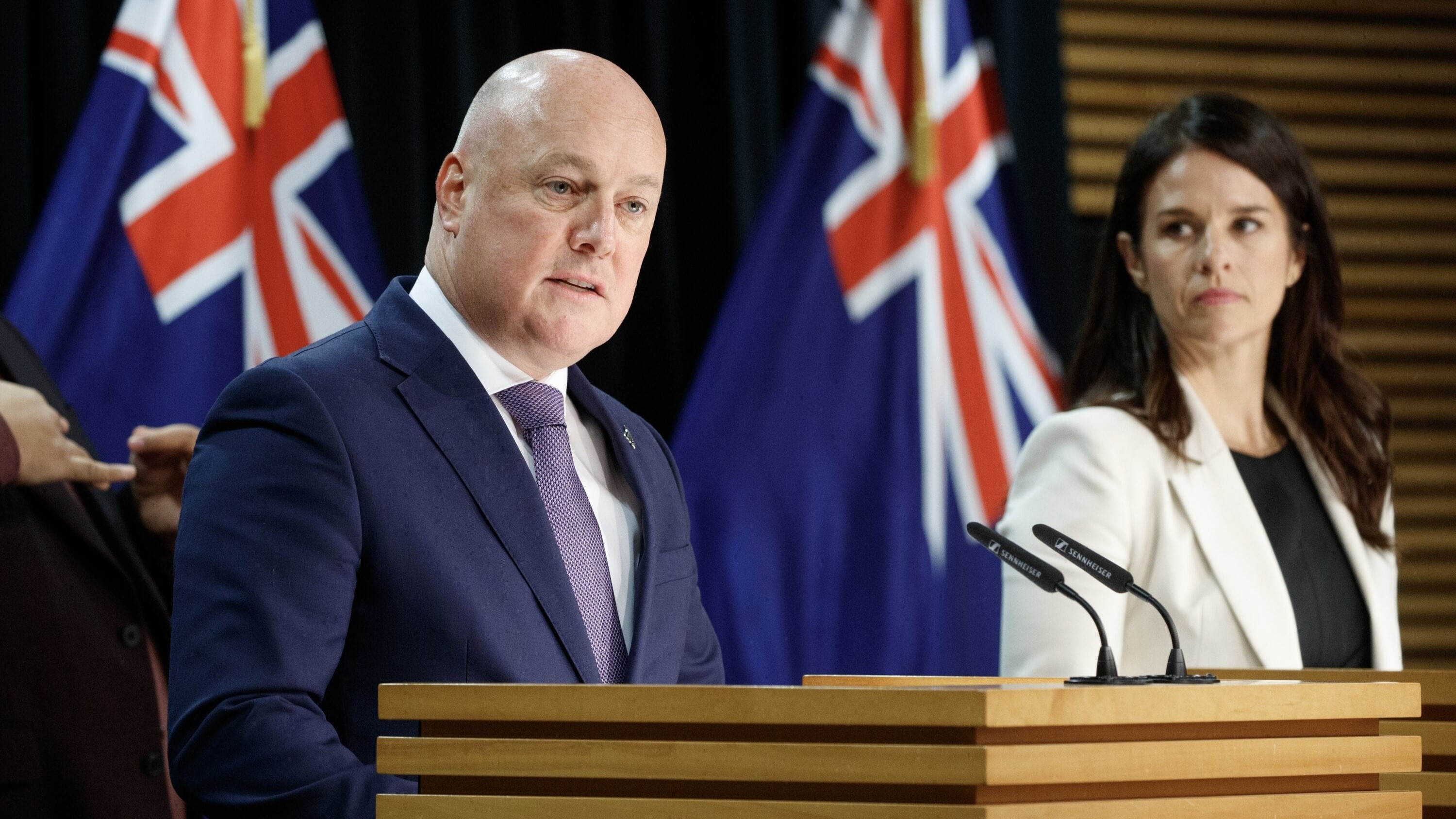 Prime Minister Christopher Luxon and Cabinet Minister Erica Stanford during the press conference before the tabling of the Royal Commission of Inquiry into Abuse in Care at Parliament. Photo / Mark Mitchell