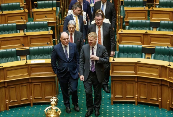 Prime Minister Christopher Luxon and Labour leader Chris Hipkins lead MPs into the debating chamber during the State Opening of Parliament, 2023. Photo / Mark Mitchell