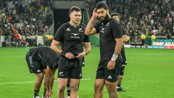 Dejected All Blacks David Havili and Akira Ioane after losing the match during the New Zealand All Blacks v South Africa. (Photo / Photosport.co.nz)
