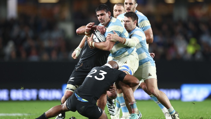 Pablo Matera of Argentina is tackled during The Rugby Championship match between New Zealand All Blacks and Argentina at Eden Park on August 17, 2024 in Auckland, New Zealand. (Photo by Phil Walter/Getty Images)