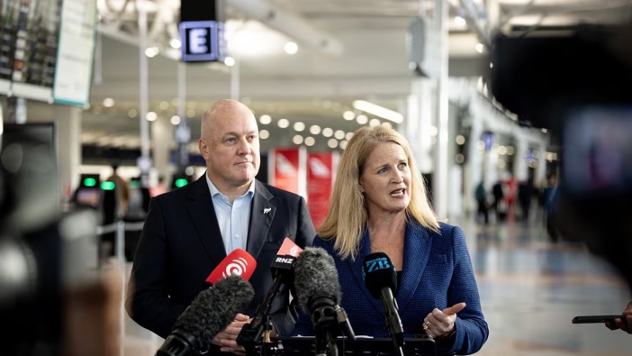 Prime Minister Christopher Luxon (left) and Tourism Minister Louise Upston, pictured at Auckland International Airport in an earlier media opportunity. Photo / NZME