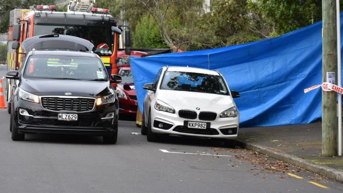 The scene at St Vincent Ave in Remuera where an elderly woman was found dead in her car. (Photo / Darren Masters)