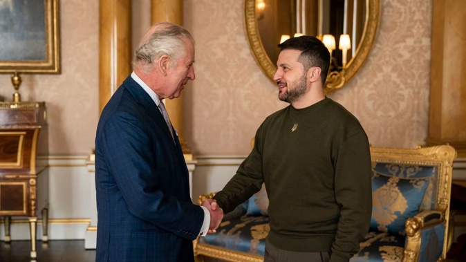 Britain's King Charles III holds an audience with Ukrainian President Volodymyr Zelenskyy (right) at Buckingham Palace, London on February 8, 2023. Photo / AP