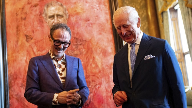 Artist Jonathan Yeo, left, and Britain's King Charles III at the unveiling of Yeo's portrait of the King, in the blue drawing room at Buckingham Palace, in London, Tuesday May 14, 2024. Photo / Aaron Chown/Pool Photo via AP