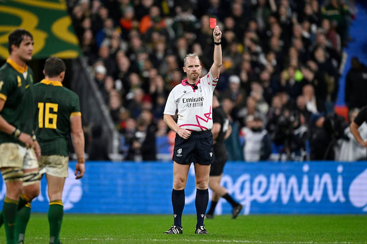 Referee Wayne Barnes shows Sam Cane the red card during the World Cup final. Photo / Photosport