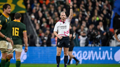 Referee Wayne Barnes shows Sam Cane the red card during the World Cup final. Photo / Photosport